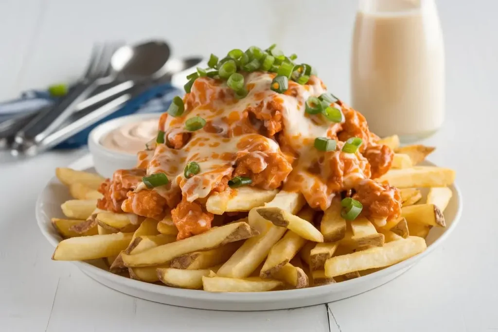 Buffalo chicken stuffed French fries with ranch dip.