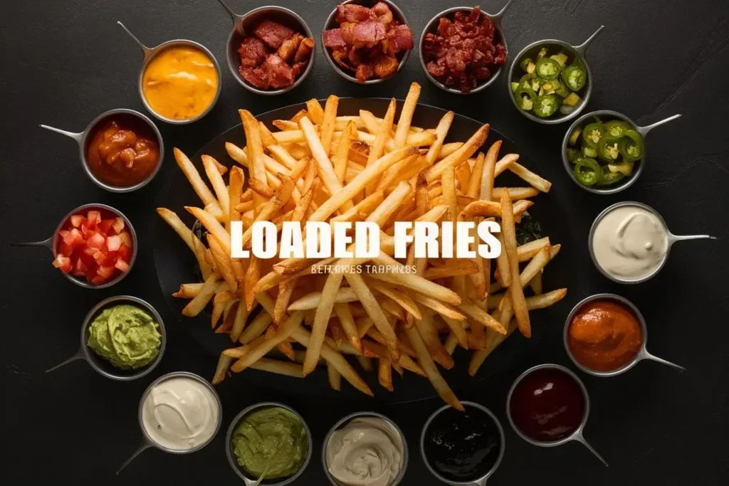 Loaded fries bar with various toppings