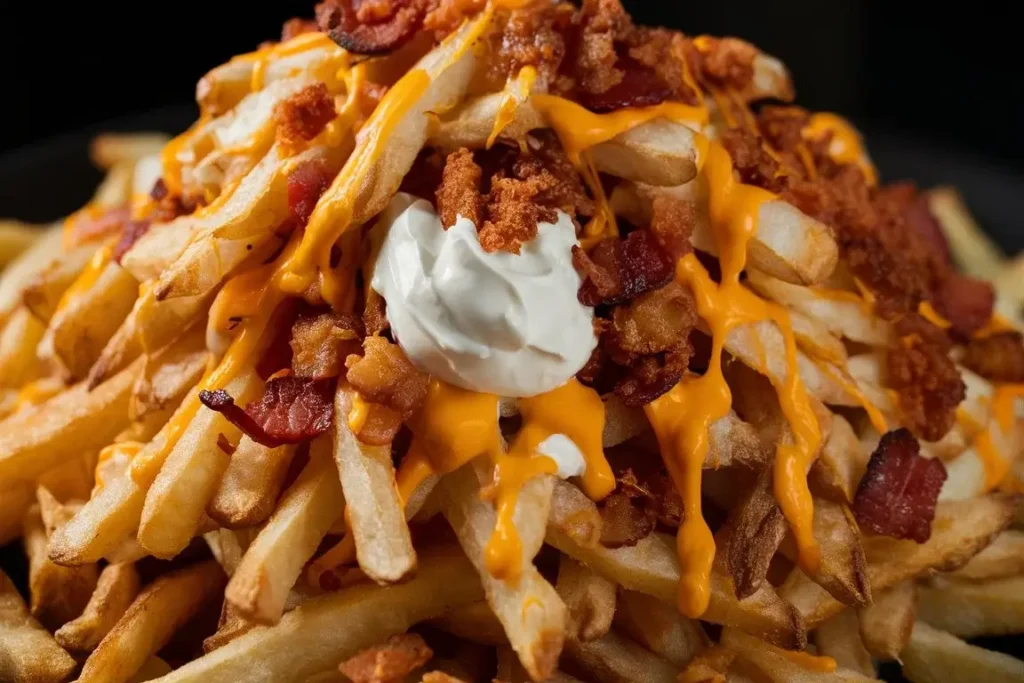 Loaded fries with cheese and bacon.