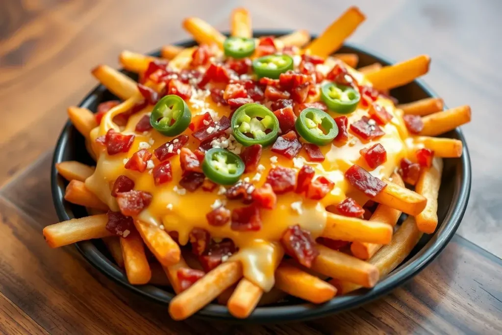 Loaded fries topped with cheese, bacon, and jalapenos.