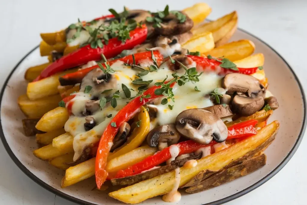 Vegetarian stuffed French fries with bell peppers and mushrooms.