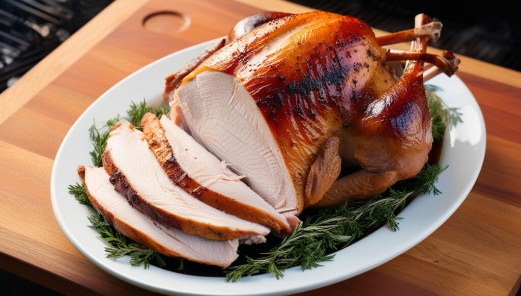 Smoked turkey breast resting on a wooden board with juices visible (How long does it take to smoke a turkey breast?)