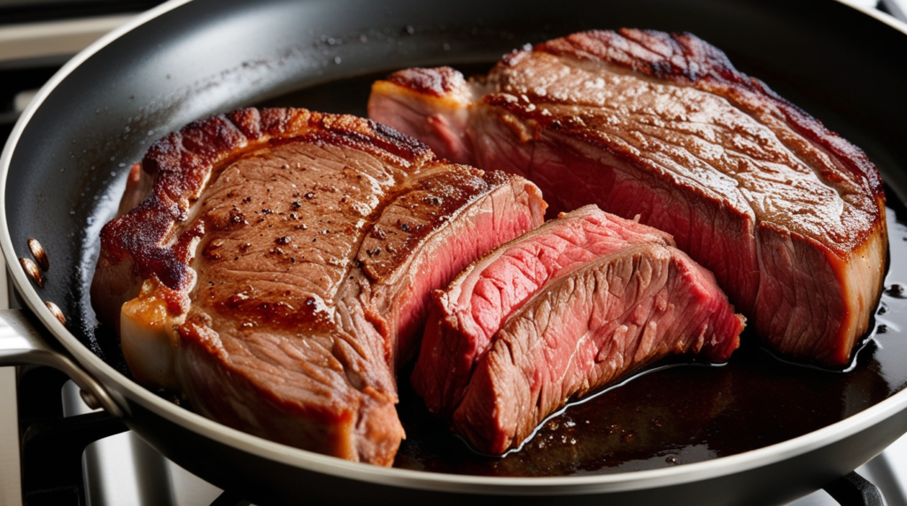 How long do you cook a steak on the stove for medium-rare? - Perfectly cooked medium-rare steak on a stovetop.