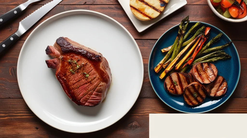 Medium-rare steak cooked to perfect temperature on a grill.