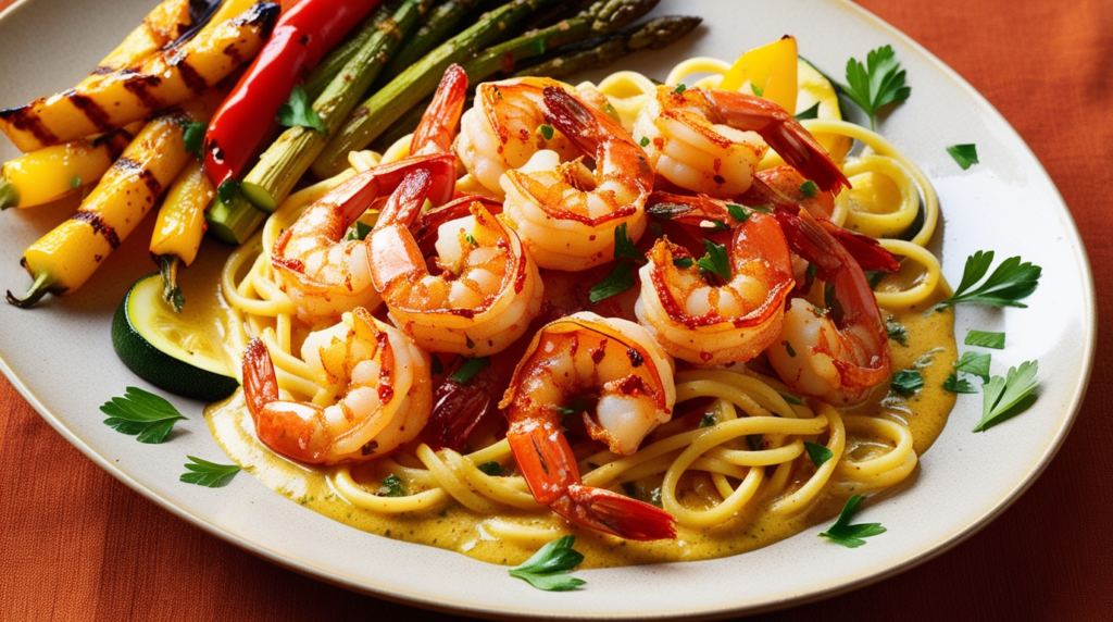  Delicious Cajun shrimp served with garlic butter pasta.