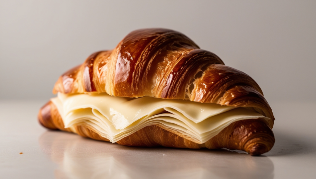 Bread called croissant with golden-brown flaky layers.