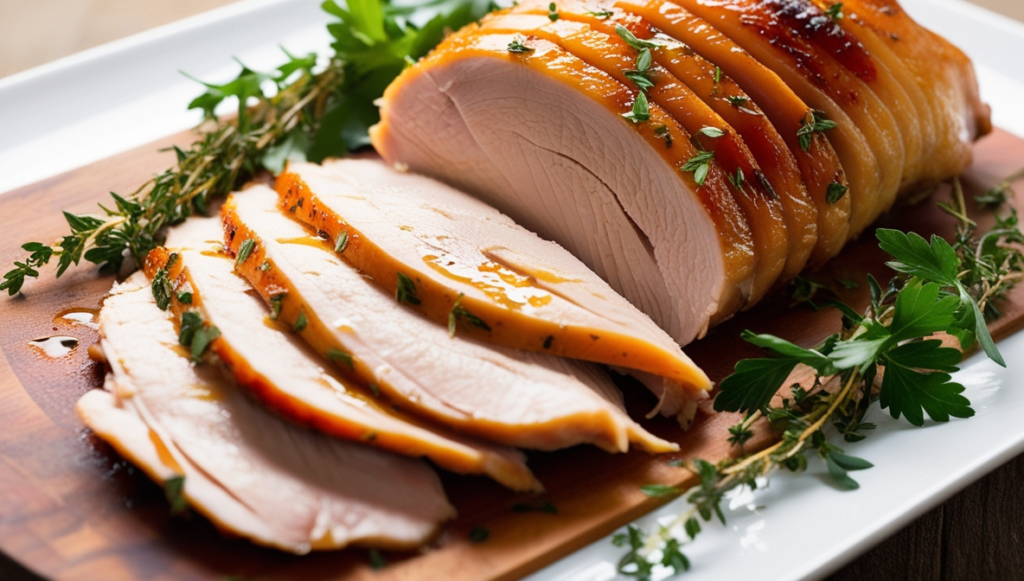 Smoked turkey breast sliced and served on a wooden platter.