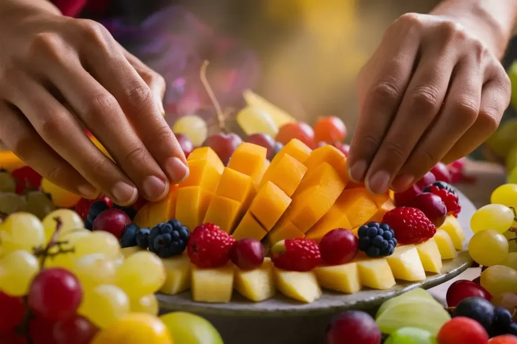 Close-up of hands arranging fruit on a platter.