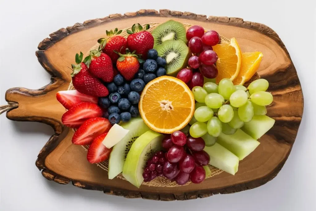 Vibrant fruit platter on a wooden board.