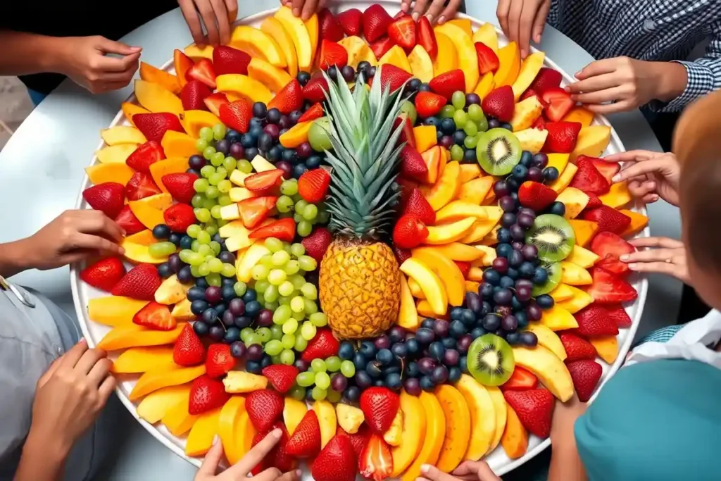 A beautifully arranged fruit platter with strawberries, pineapple, grapes, and kiwi.