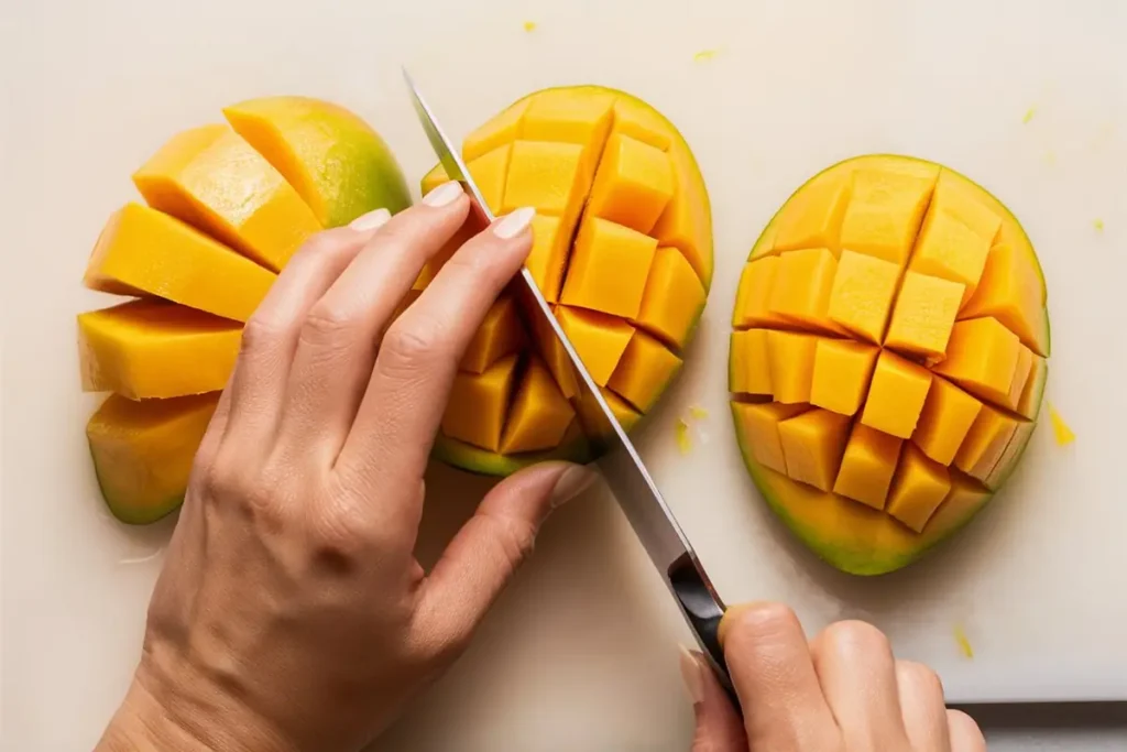 Slicing a mango for a fruit platter, showing knife technique.