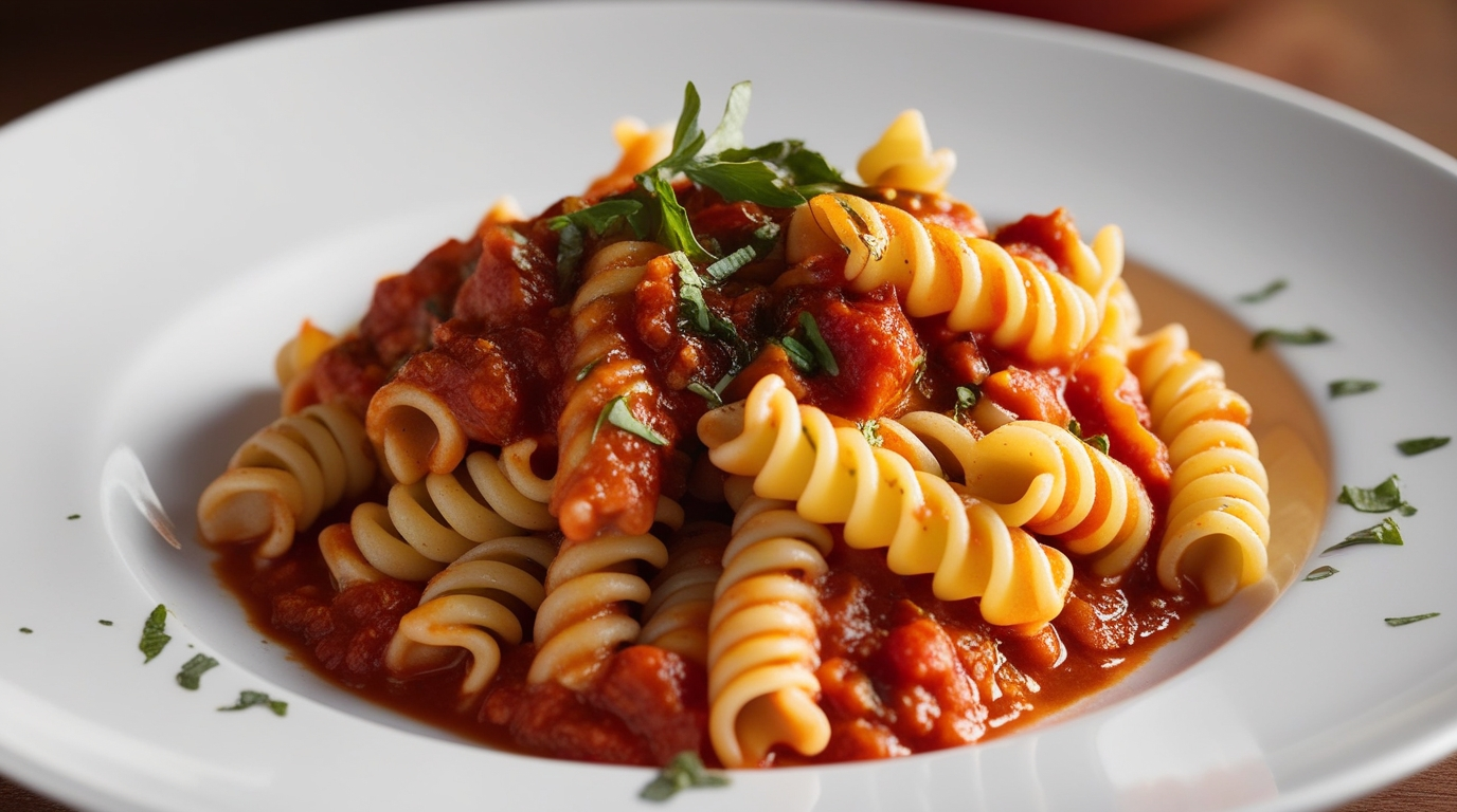Delicious fusilli pasta with tomato sauce