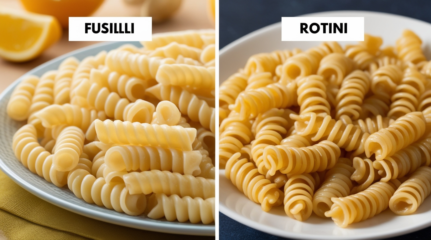 Fusilli and rotini pasta side by side showing the difference.