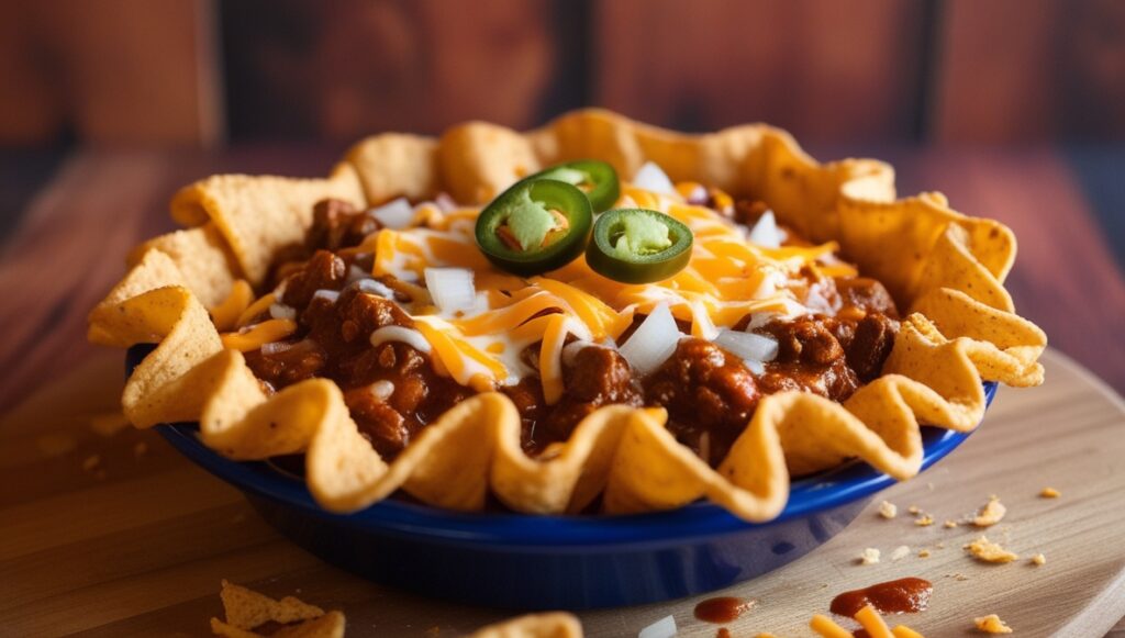 A plate of classic Frito pie with Fritos corn chips, chili, and melted cheese
