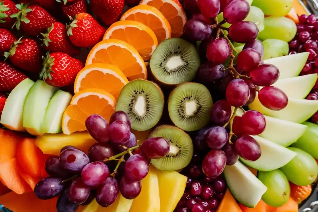 Colorful fruit platter featuring various fresh fruits.