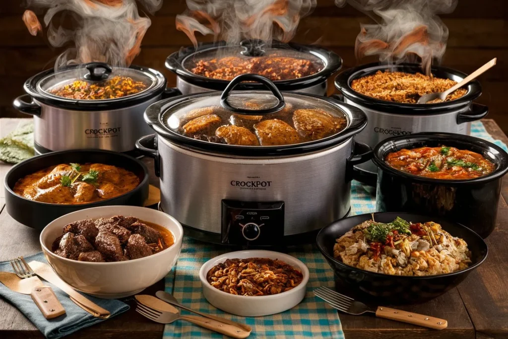 Easy crockpot meals on a wooden table.