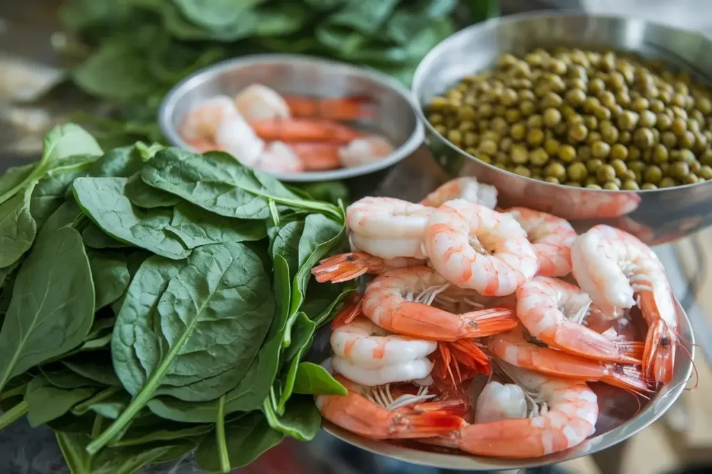 A variety of ingredients used in a fish food recipe, including fresh spinach, peas, and shrimp