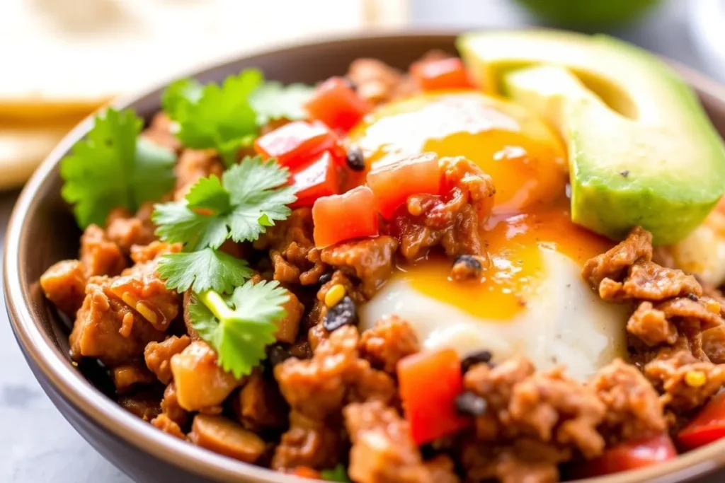 Carnitas breakfast recipe with eggs in a skillet with fresh cilantro