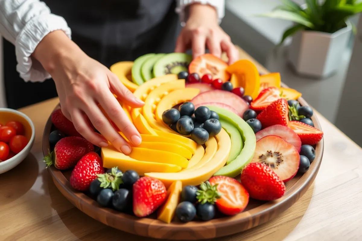 Freshly arranged fruit tray with various seasonal fruits.