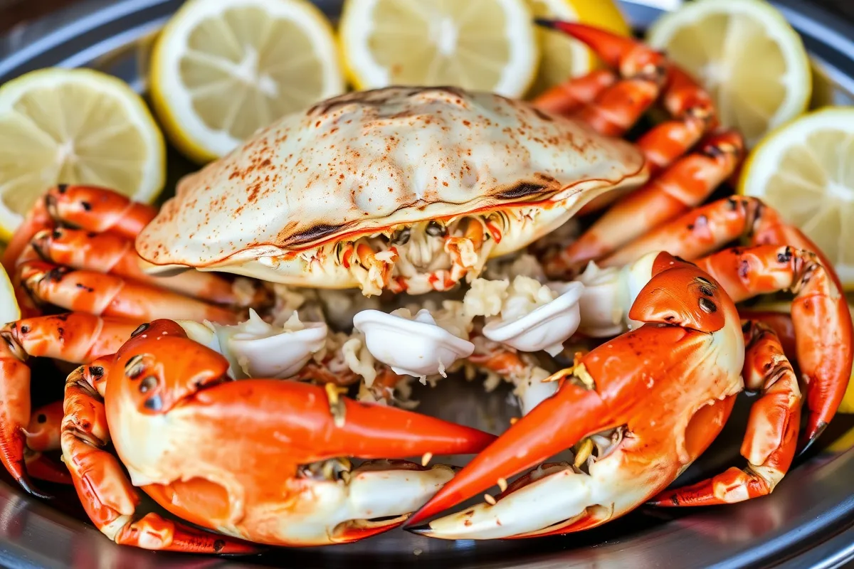 Freshly prepared Dungeness crab on a platter with lemon wedges