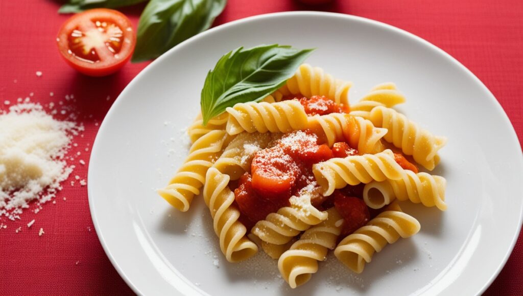 Gemelli pasta in a bowl with pesto sauce