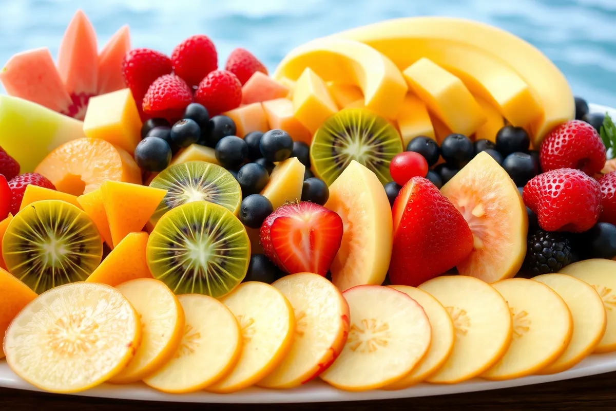 A colorful fruit platter featuring a variety of fresh fruits, including berries, pineapple, and grapes.