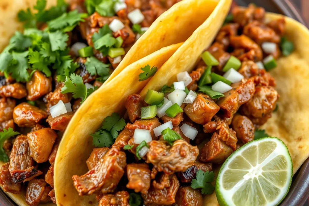 Mexican carnitas served with corn tortillas, onions, cilantro, and lime.