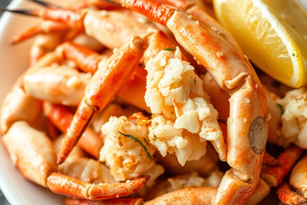 A cluster of snow crab legs with a lemon wedge.