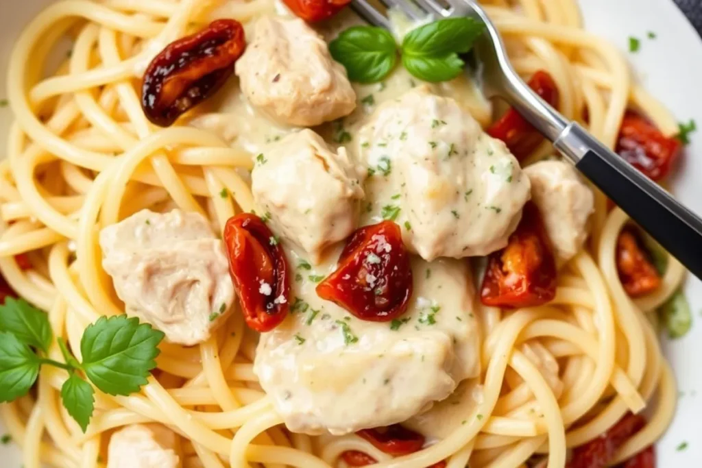 A creamy plate of pasta with chicken and sun-dried tomatoes, illustrating why is it called 'marry me chicken pasta'?