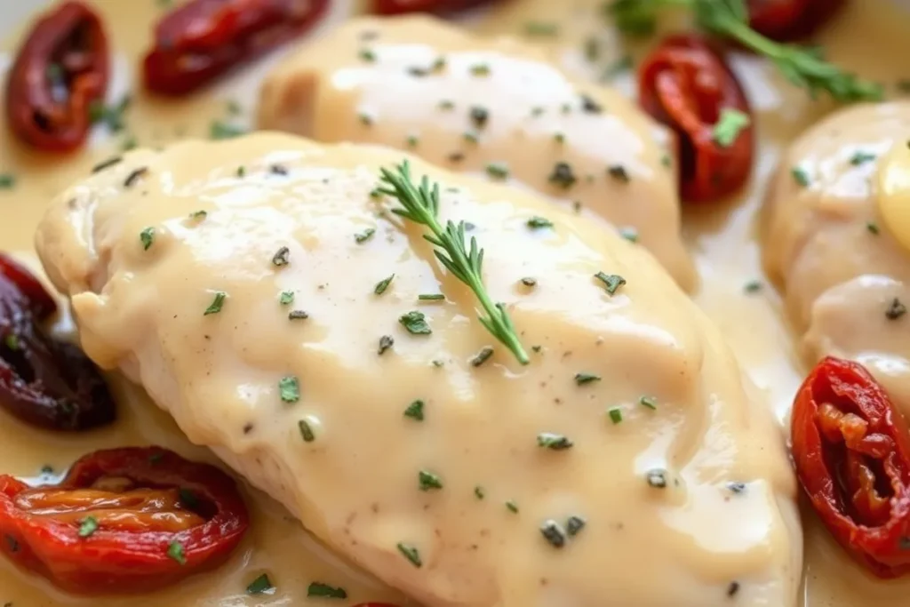 A skillet of What is Marry Me Chicken made of? featuring creamy sauce, sun-dried tomatoes, and fresh herbs