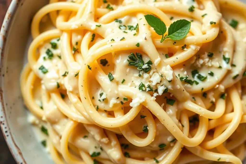 A plate of fettuccine topped with rich cream sauce, illustrating what type of pasta is best for creamy pasta?