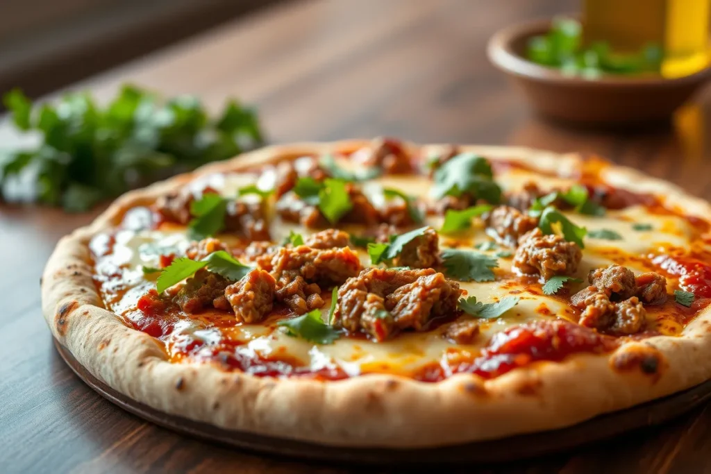 Birria pizza topped with succulent meat and fresh herbs.