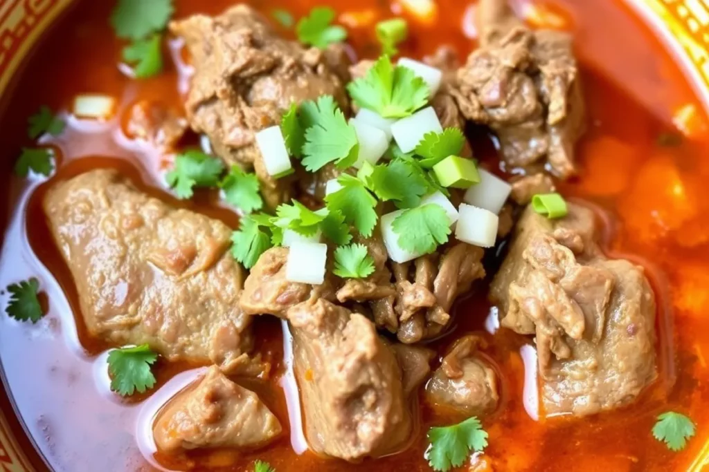 Tender birria beef chuck simmering in flavorful broth.