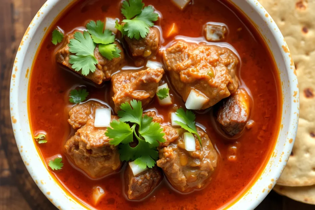 Authentic birria served with fresh cilantro and onions.