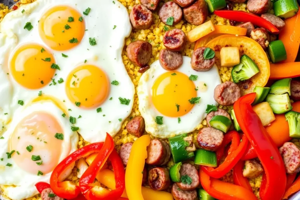 Sheet pan breakfast ideas featuring eggs, vegetables, and sausage.