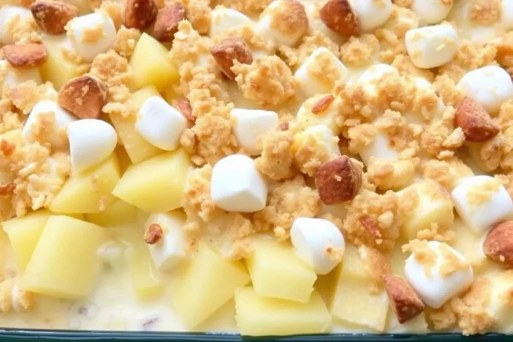  Pineapple casserole with marshmallow and cracker topping.