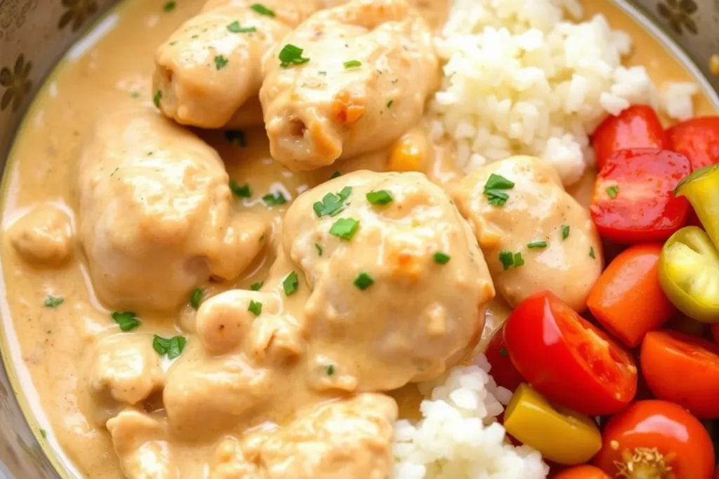 Delicious creamy chick served with vegetables and rice.