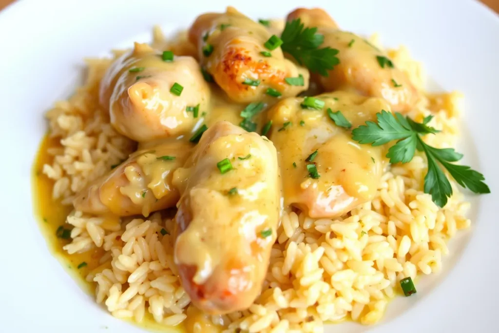 Delicious chicken and rice dish with creamy garlic sauce