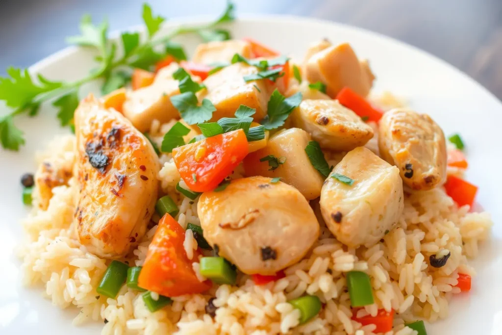 Flavorful chicken and rice with vegetables and herbs.