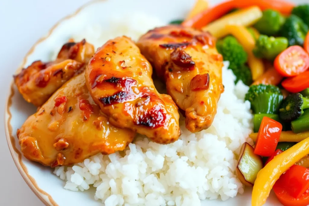 Delicious chicken and rice meal with fresh vegetables.