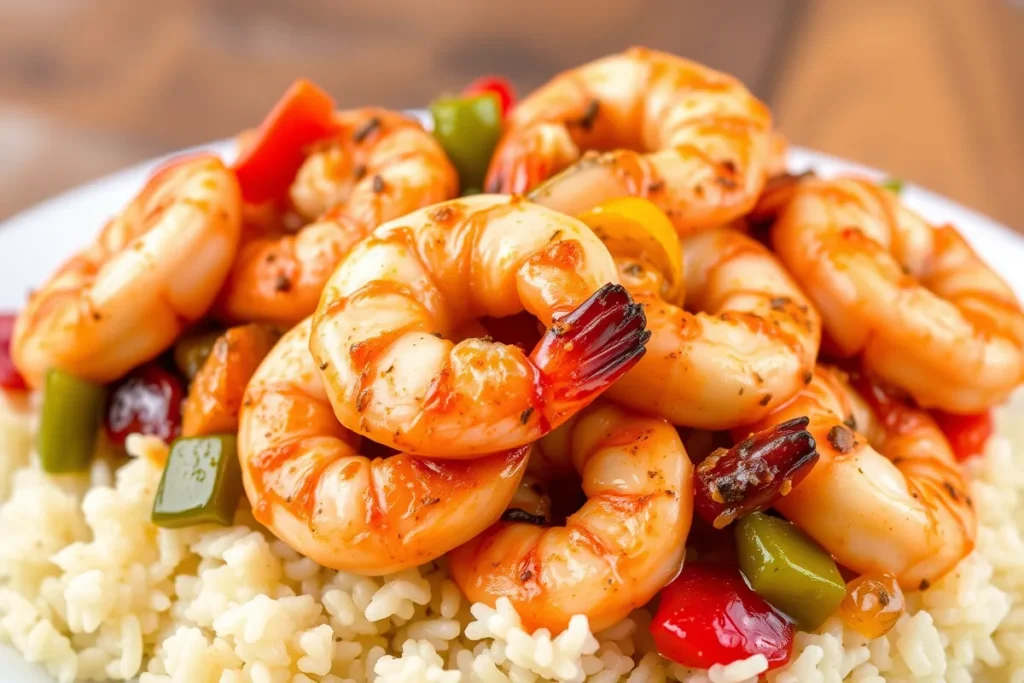 Delicious Cajun shrimp served over rice with vibrant vegetables.