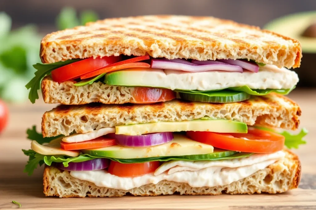 Healthy panini bread sandwich with fresh vegetables.