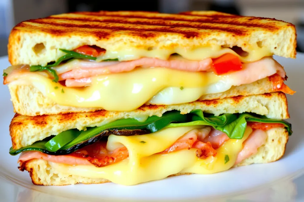 Delicious panini with melted cheese and fresh vegetables.