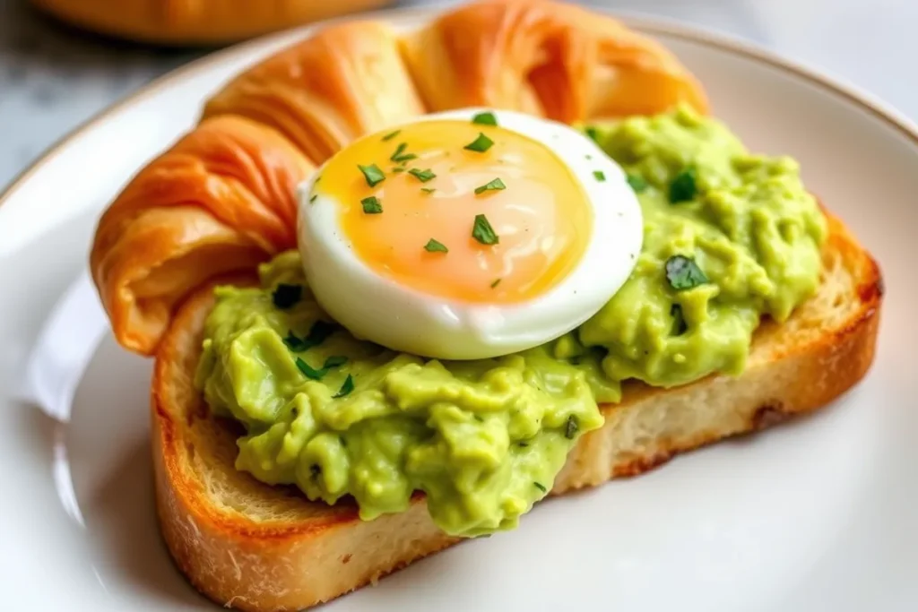 Delicious croissant toast with avocado and egg topping.