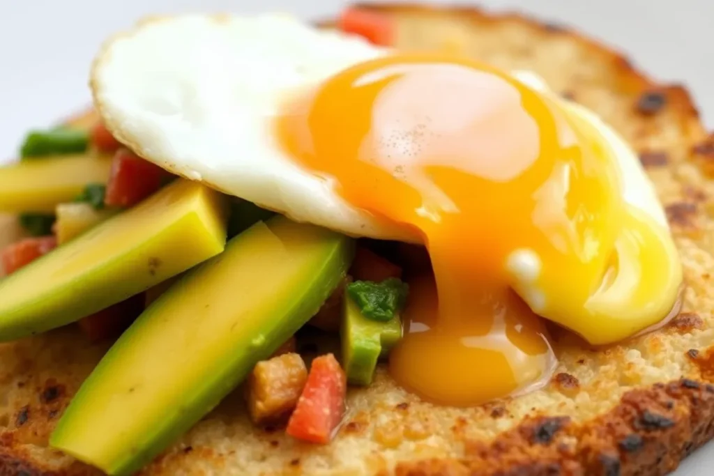 Delicious croissant toast with avocado and eggs