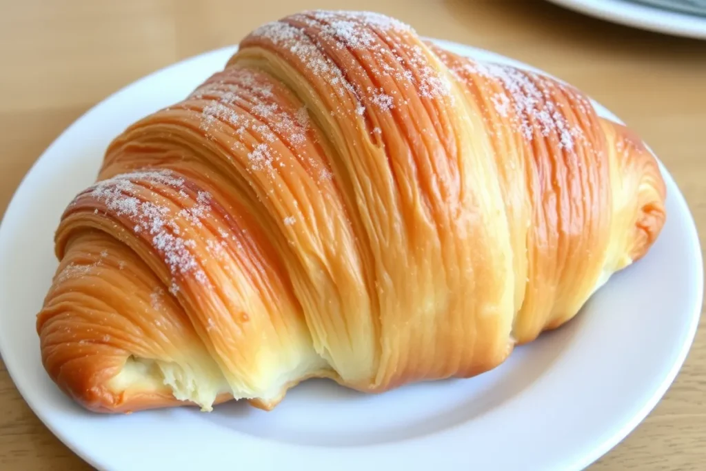 Perfectly toasted frozen croissant on a plate.