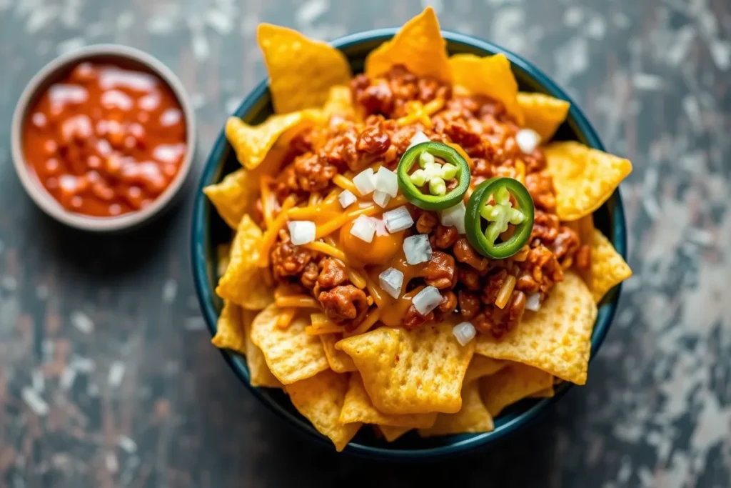 Classic Frito Pie with crispy Fritos, savory chili, melted cheese, topped with fresh jalapeños and onions, served as a Tex-Mex comfort meal