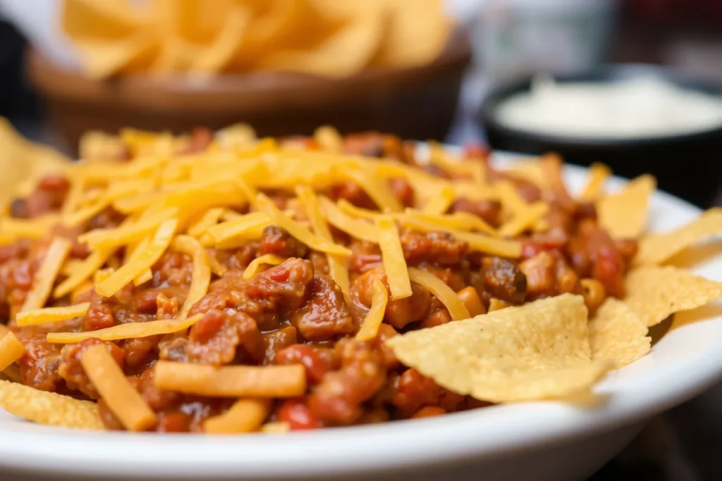 A bowl of Frito pie topped with chili and cheese.