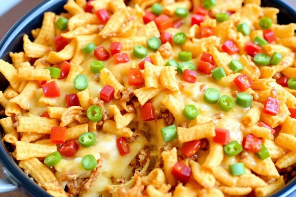 Frito pie with chili, cheese, and Fritos served in a bowl