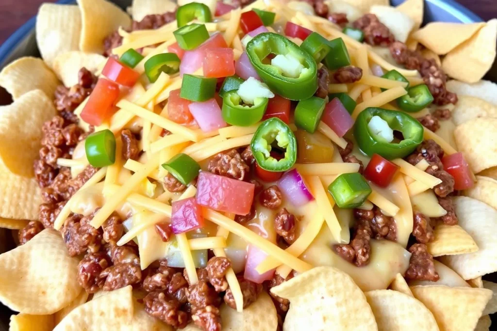 A plate of Frito pie featuring Fritos corn chips topped with chili, cheese, and jalapeños.